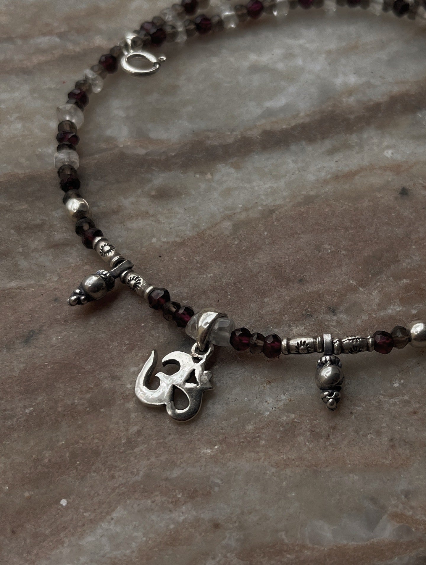 Garnet, Clear Quartz & Smokey Quartz Boho Tribal 925 Silver Choker  