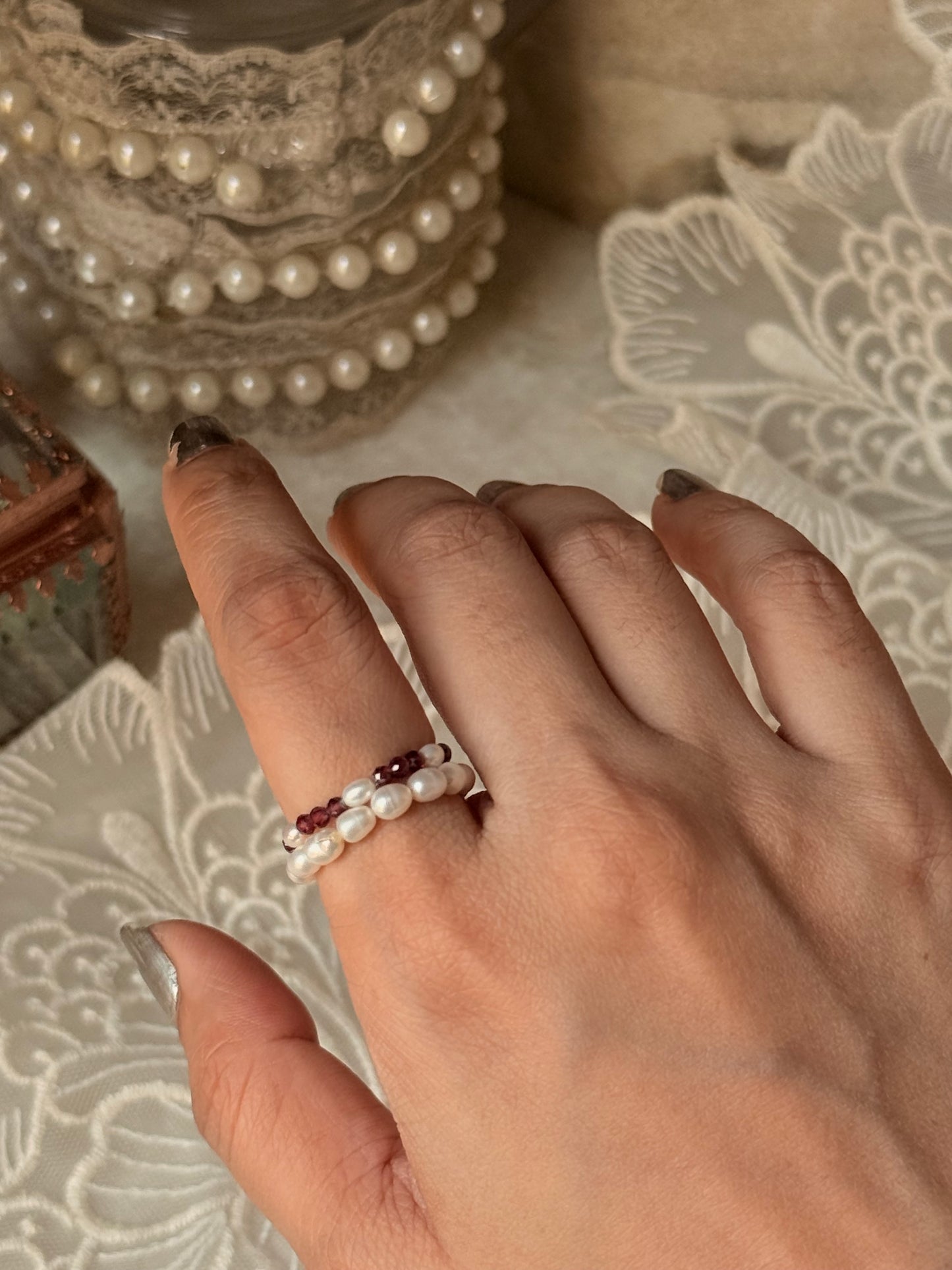 Natural Crystal Stretchy Fresh Water Pearl & Garnet Pearl Rings