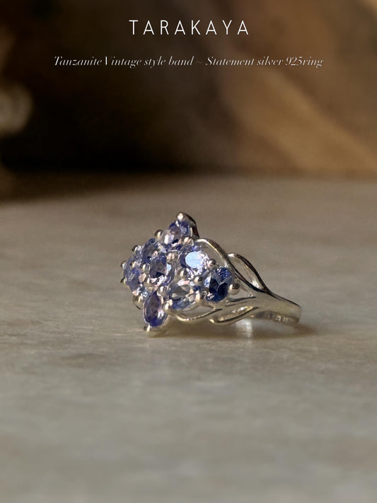 925 Sterling Silver Natural Tanzanite Faceted Flower Vintage Style Band Statement Ring