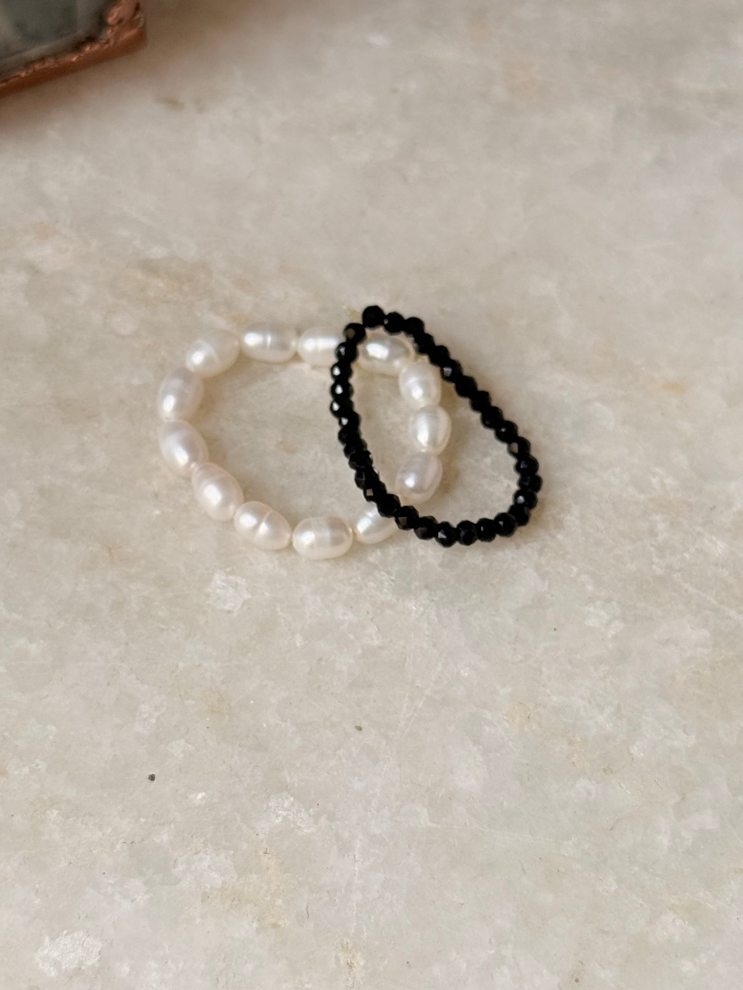 Natural Crystal Stretchy Fresh Water Pearl & Black Spinel Rings