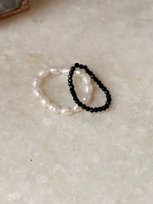 Natural Crystal Stretchy Fresh Water Pearl & Black Spinel Rings