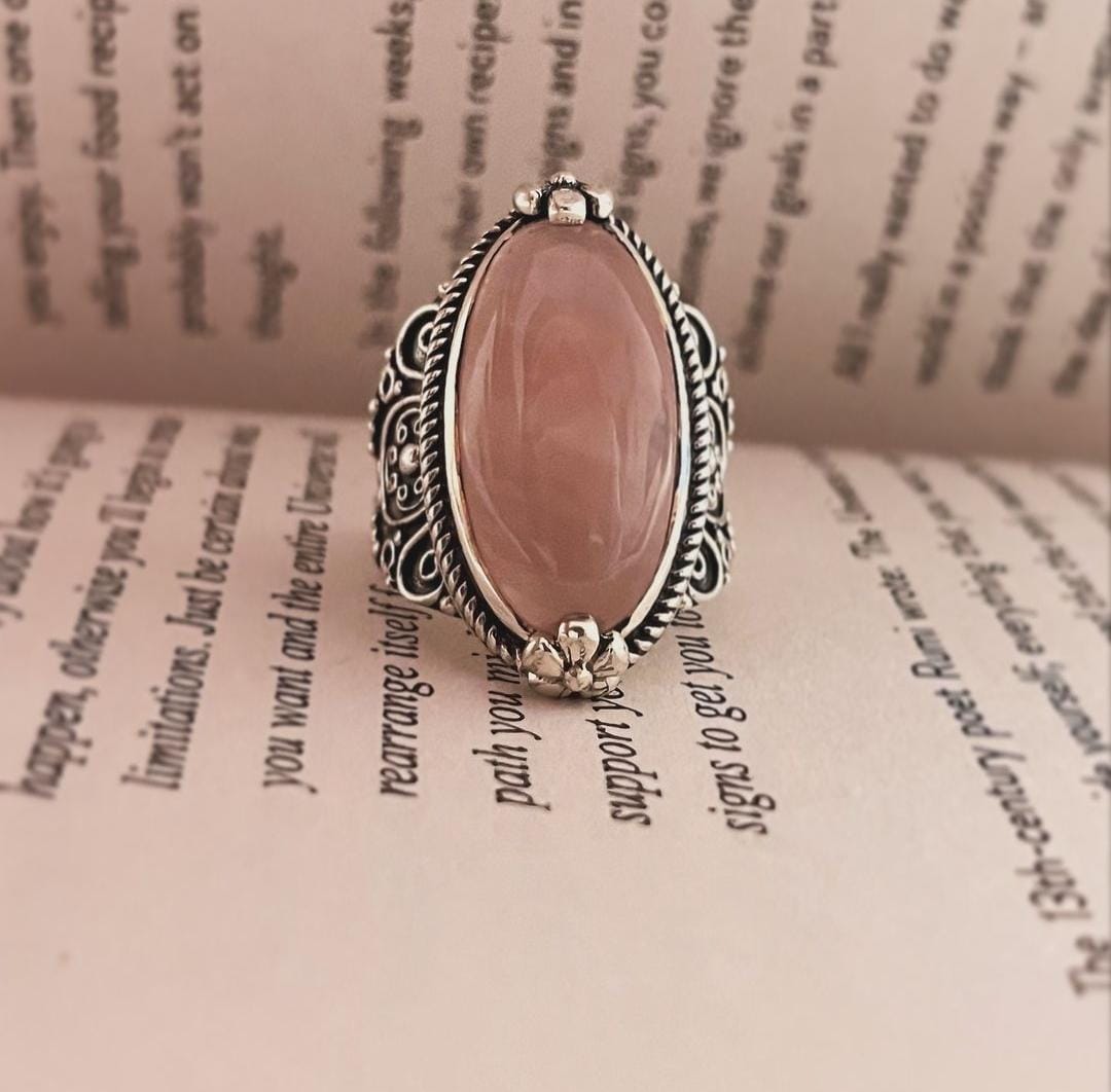 Unique Rose Quartz Oval Silver Ring with Bohemian Touch