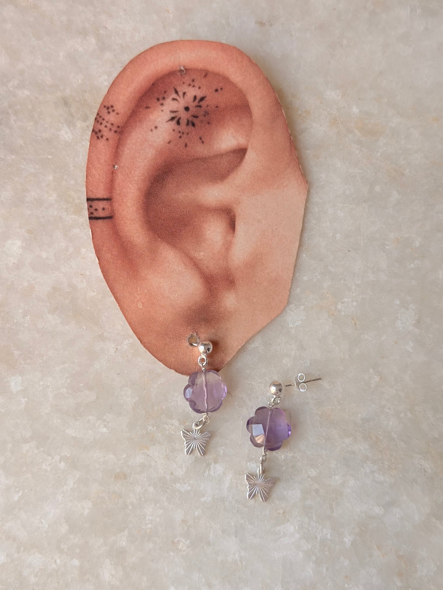 925 Sterling Silver Amethyst Floral Charm Butterfly Handcrafted Studs