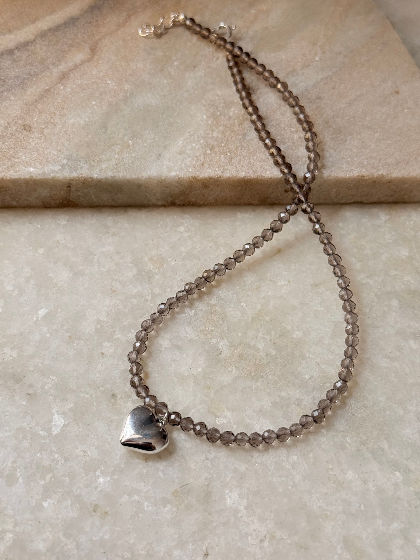 925 Sterling Silver Smokey Quartz 4MM Faceted Chunky Heart Necklace