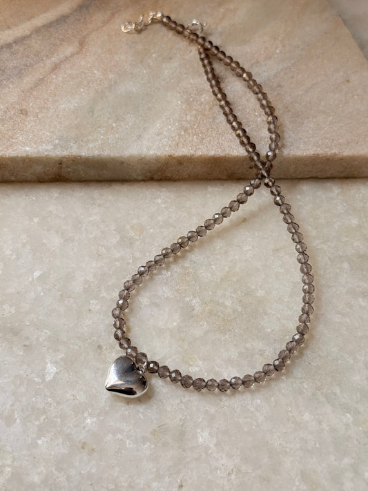 925 Sterling Silver Smokey Quartz 4MM Faceted Chunky Heart Necklace