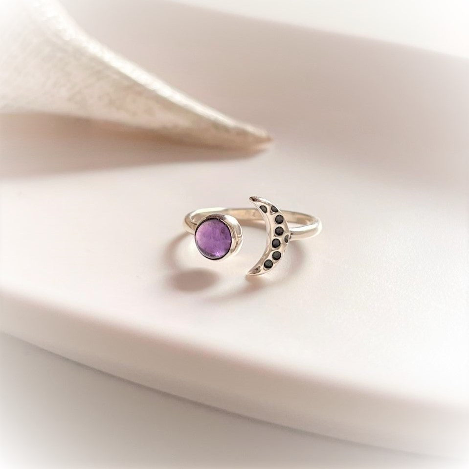 Handmade Amethyst Crescent Moon Ring in Silver 