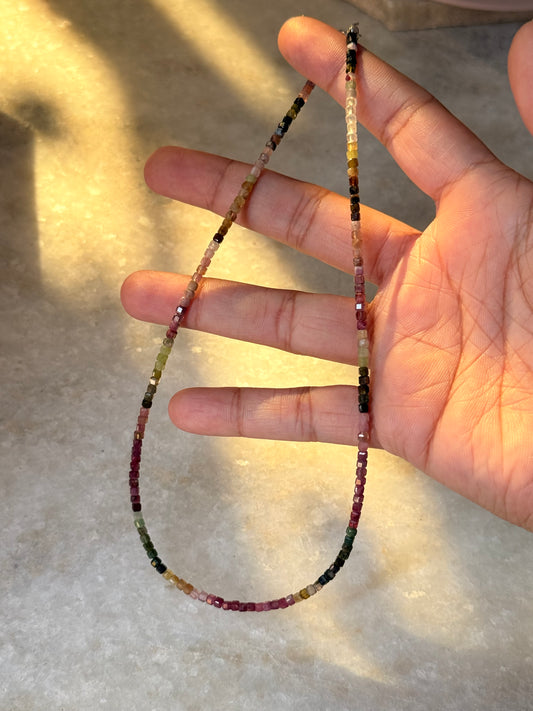 Multi Tourmaline Box Faceted 925 Sterling Silver Choker Necklace