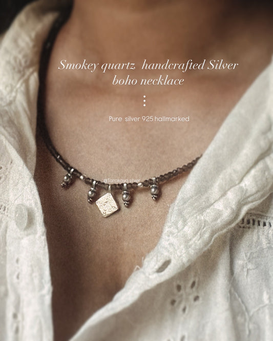 Smokey Quartz 3MM-4MM Faceted Tribal Handcrafted 925 Sterling Silver Boho Necklace
