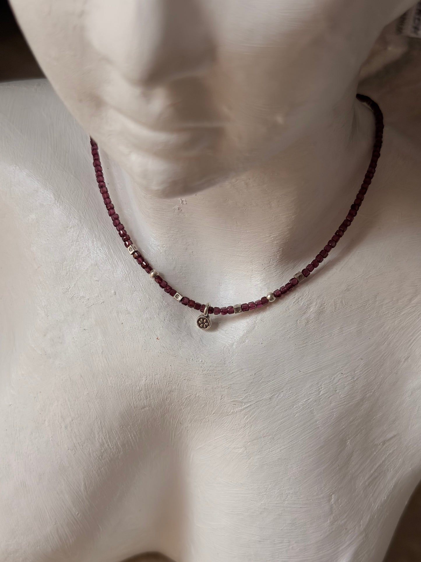 925 Sterling Silver Garnet Box 2mm Flower Charm Necklace