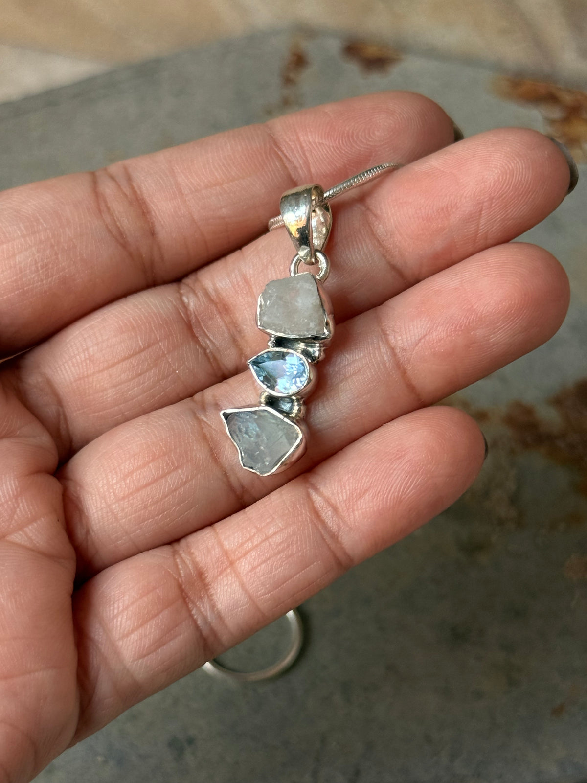 925 Sterling Silver Blue Topaz, Moonstone Raw Cluster Handcrafted One of a Kind Pendant