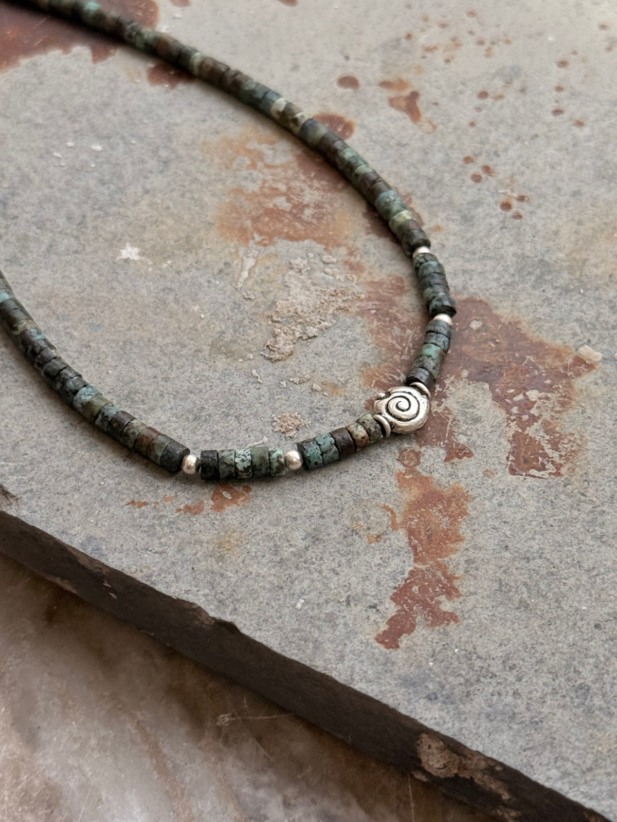 925 Sterling Silver African Turquoise Flat Tube Crystal Spiral Charm With Silver Balls Necklace