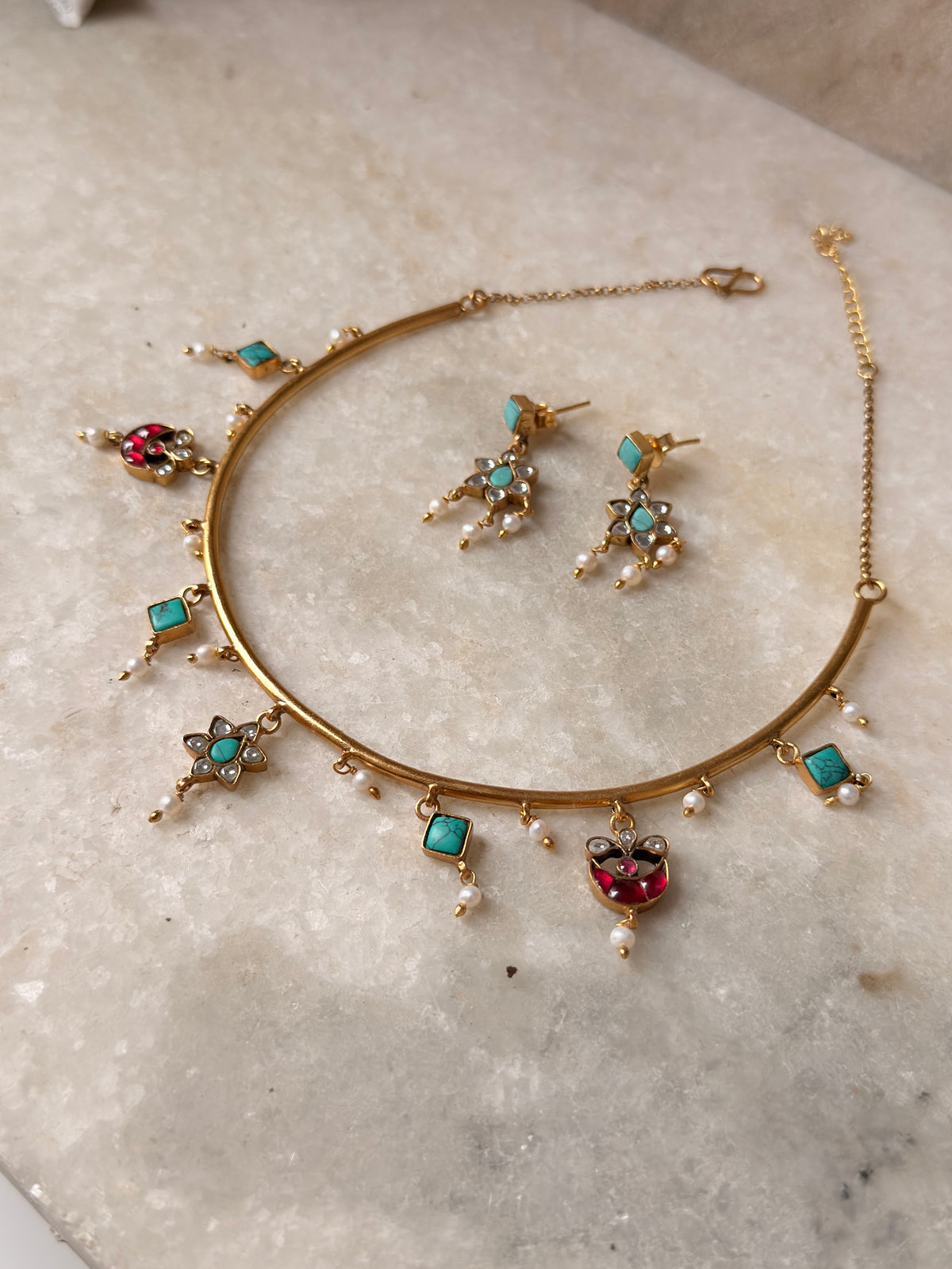 925 Sterling Silver Turquoise , Red Stones ,Fresh Water Pearls & Kundan Polki Handcrafted Gold Plated Necklace