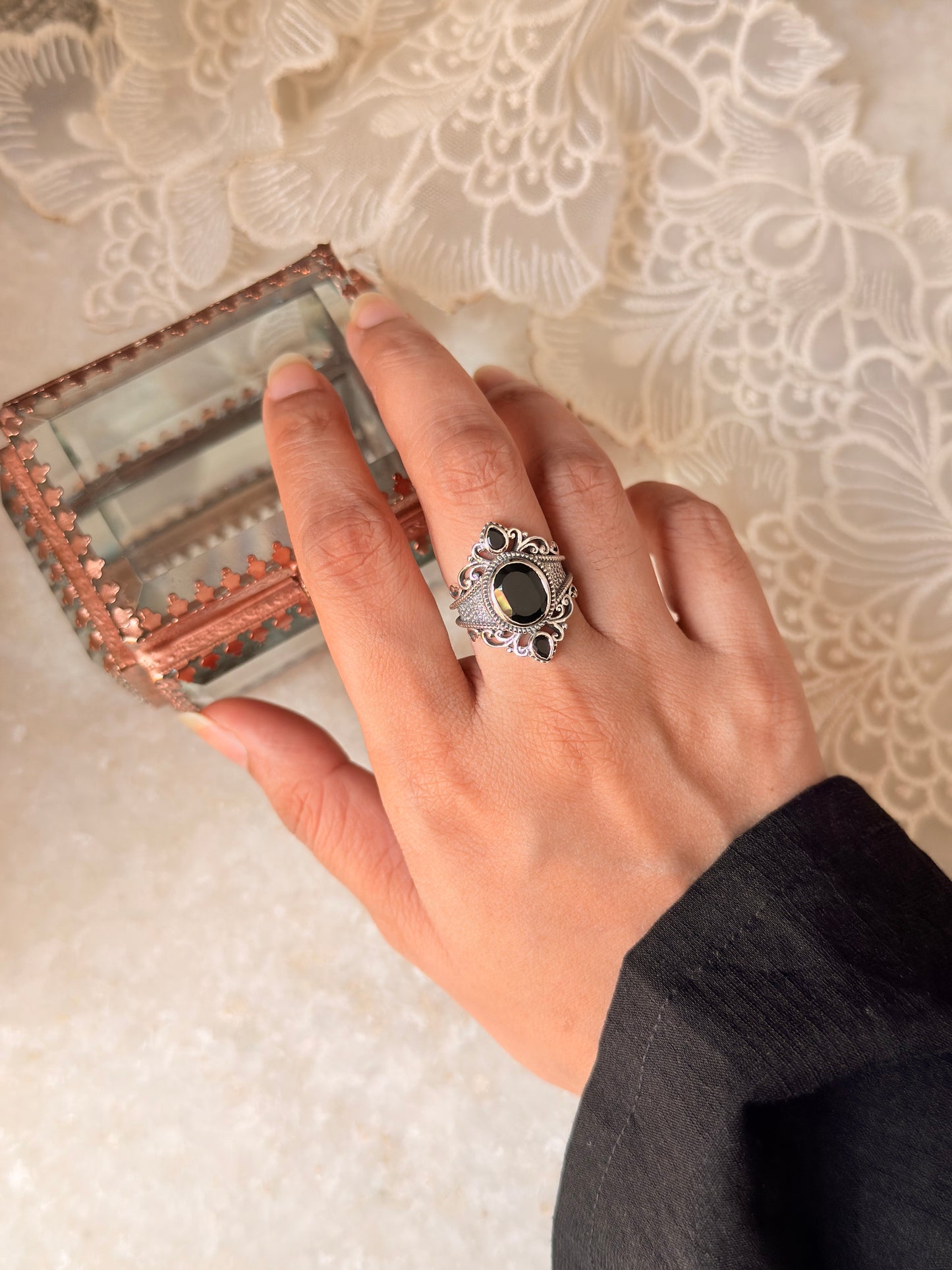 925 Sterling Silver Black Onyx Victorian Style Statement Ring