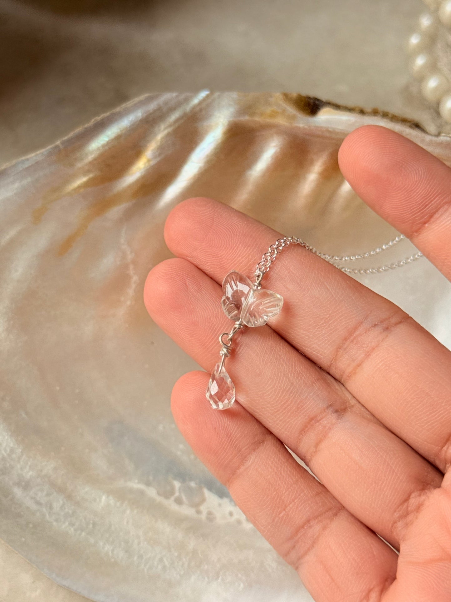 925 Sterling Silver Clear Quartz Butterfly, Clear Quartz Drop Handcrafted Necklace