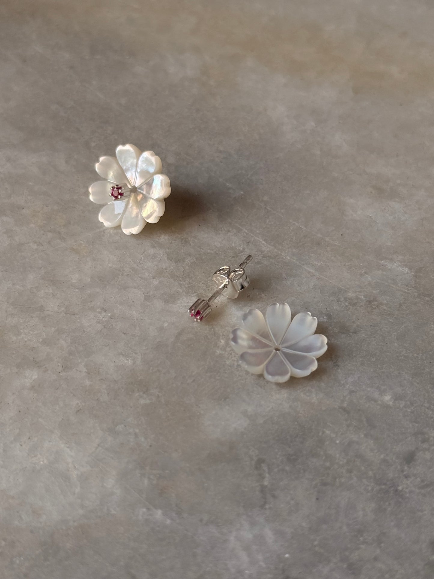 925 Sterling Silver Mother of Pearl Flower Carved Lab Grown Ruby Tiny Studs- 2 in 1