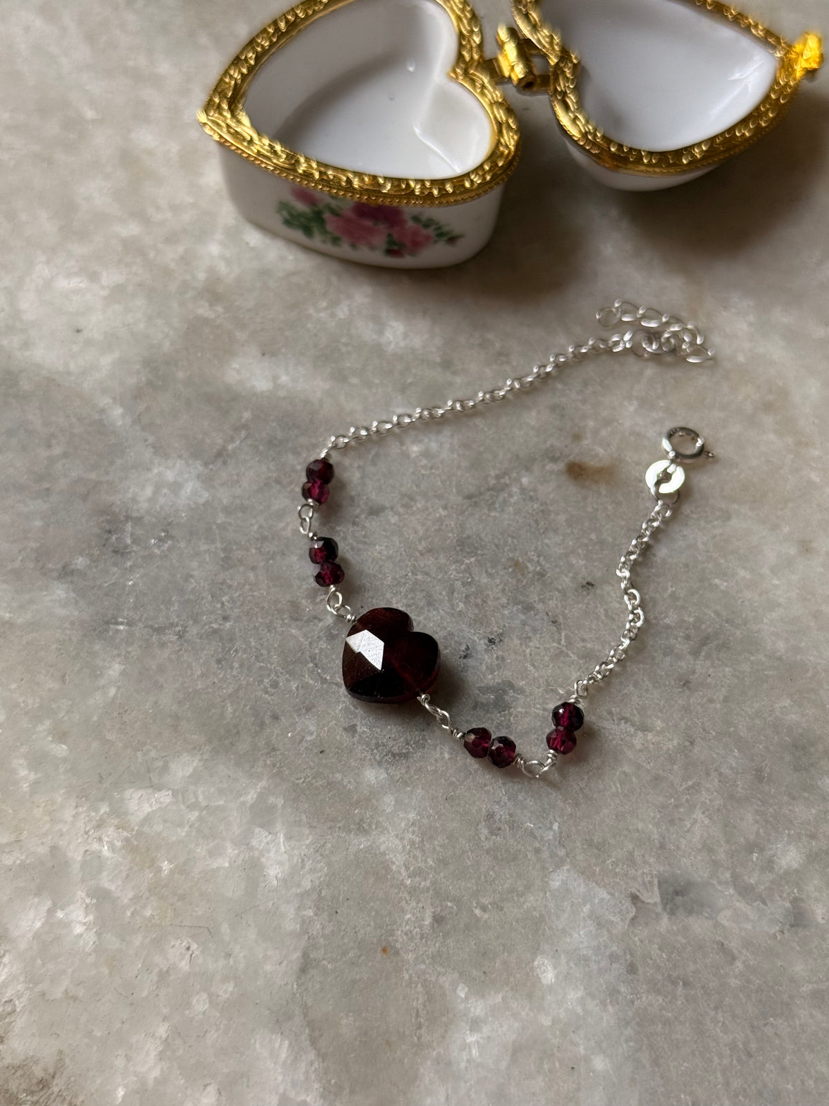 925 Sterling Silver Garnet Heart 4mm Handcrafted Bracelet