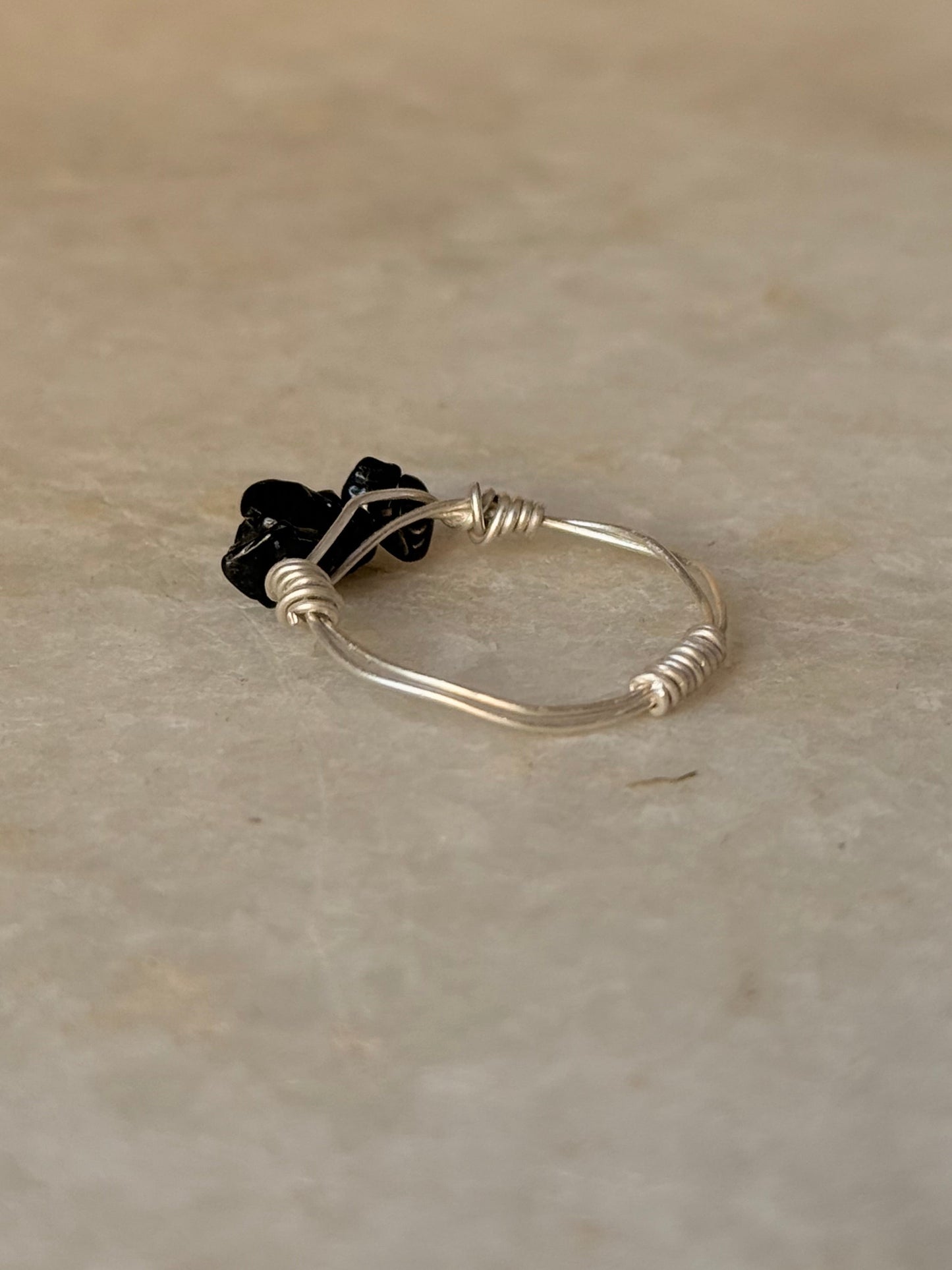 925 Sterling Silver Black Tourmaline Chips Wire Wrapped Handcrafted Ring