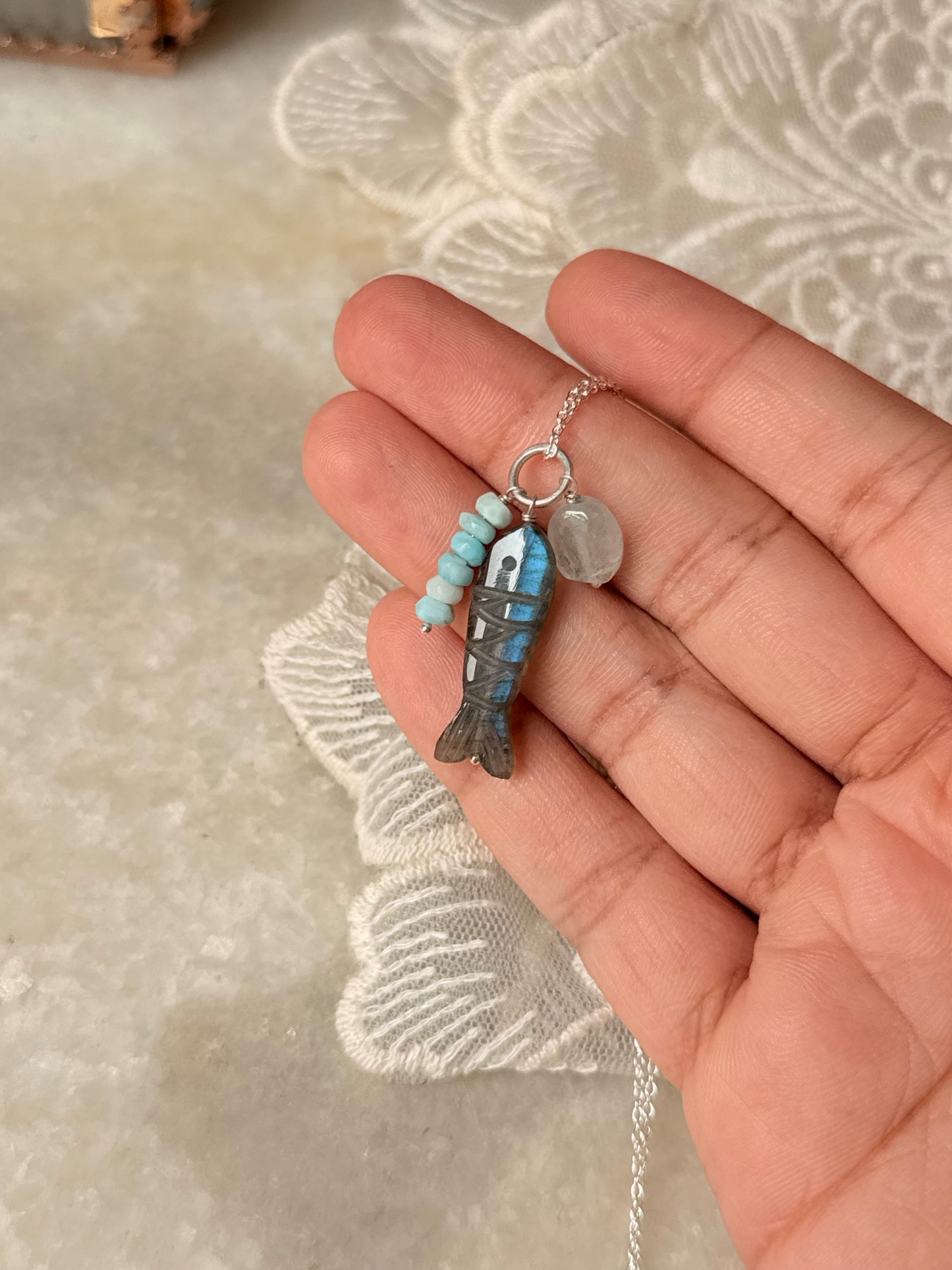 925 Sterling Silver Labradorite Fish Carved , Larimar & Aquamarine Small Tumble Charms Dainty Cable Chain Necklace
