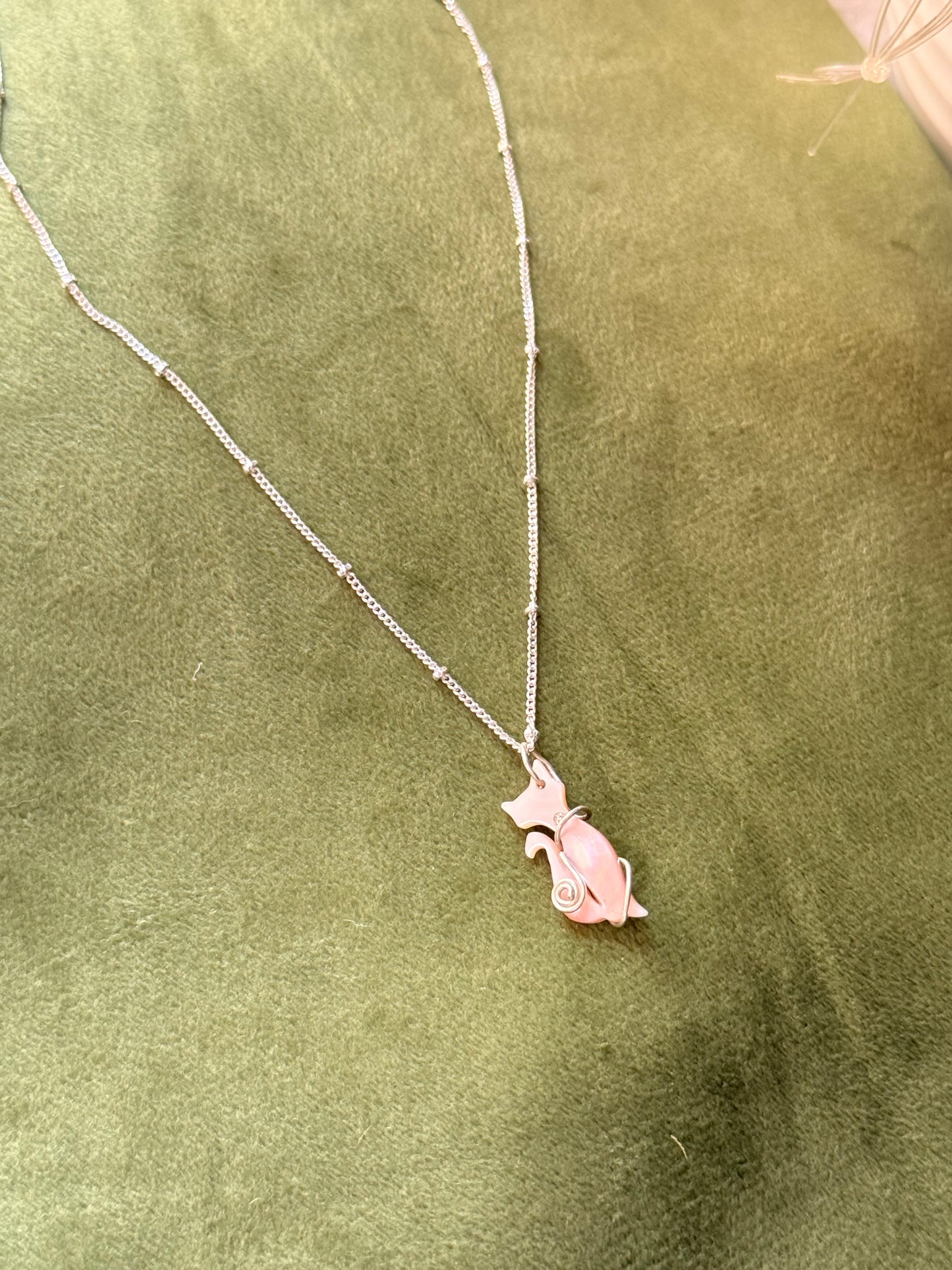 925 Sterling Silver Mother of Pearl Cat Cable Dot Handcrafted Necklace