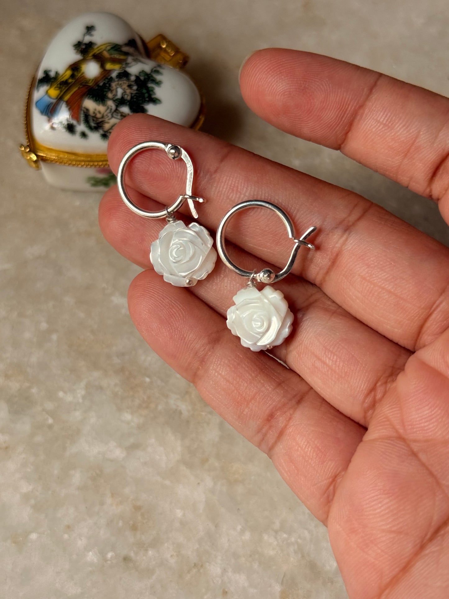 925 Sterling Silver Mother of Pearl Rose Carved Charm Italian Hoops