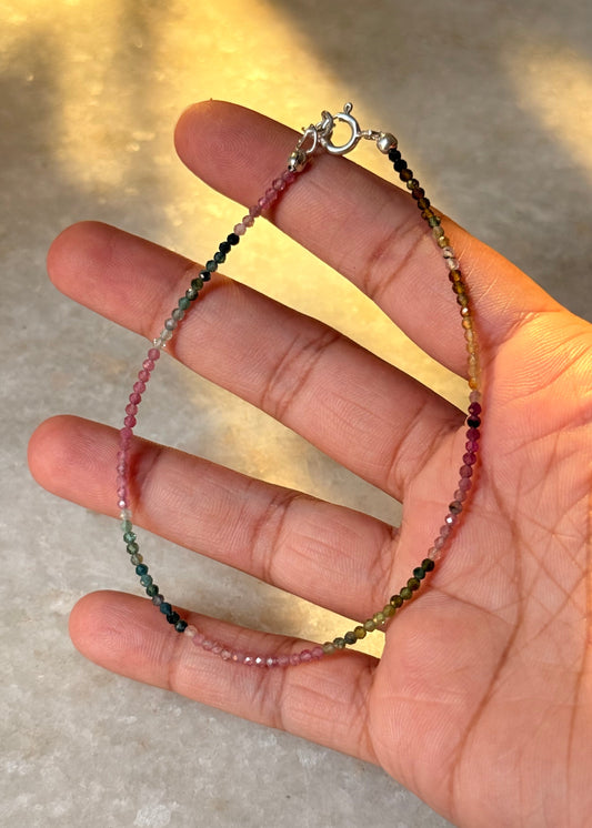 925 Sterling Silver Multi Tourmaline 2mm Dark Anklet