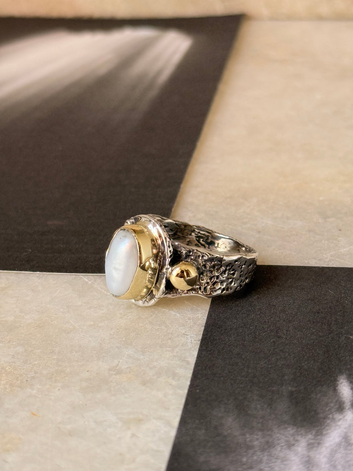 925 Sterling Silver Baroque Pearl Rustic Fusion Handcrafted Ring