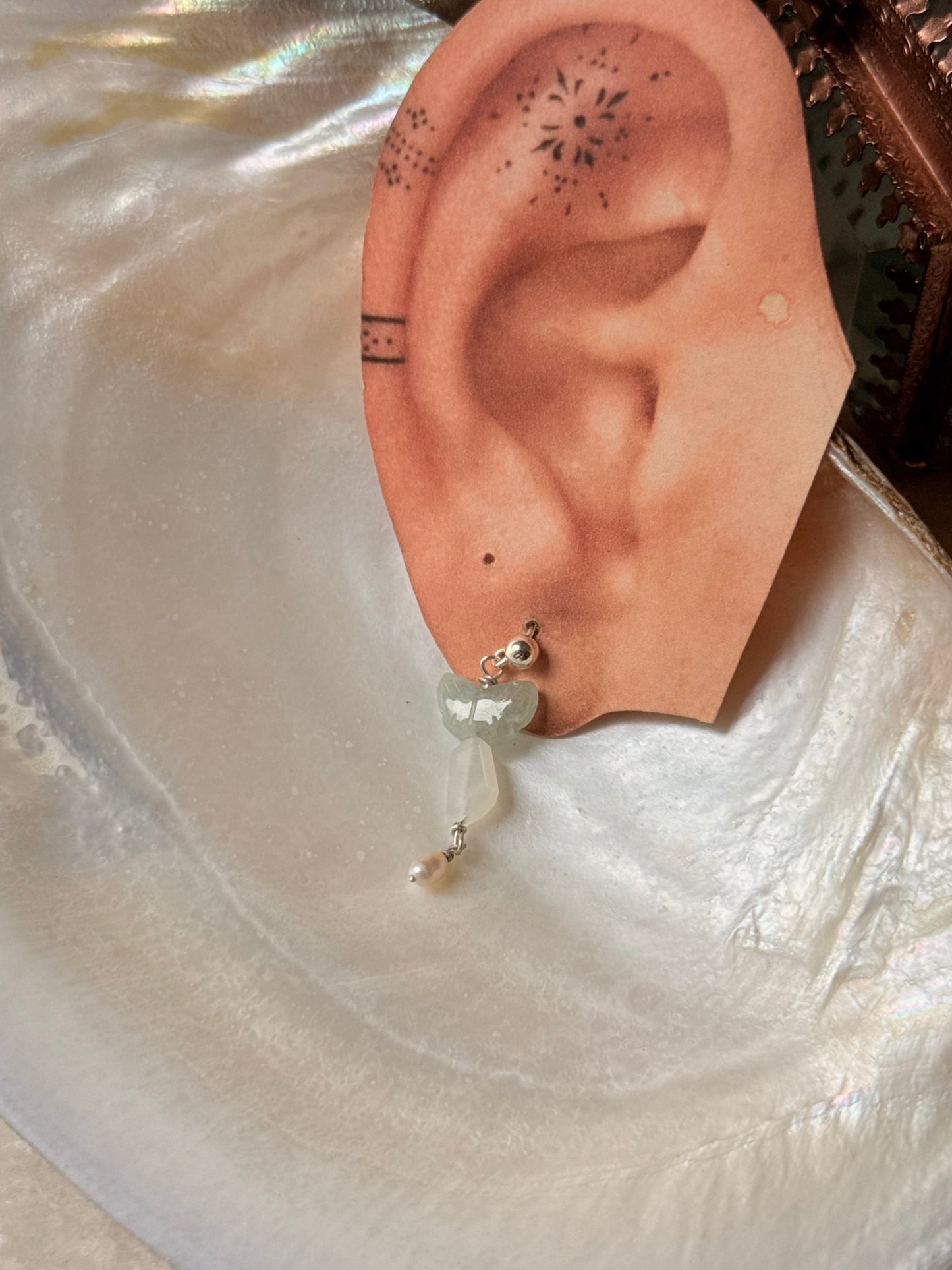 925 Sterling Silver Aquamarine Butterfly Moonstone Fresh Water Pearl Studs Earrings