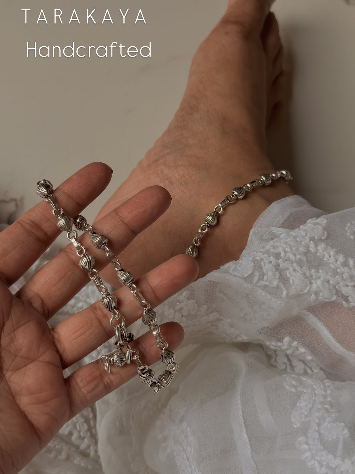 925 Sterling Silver Tribal Shell Textured Balls Handcrafted Anklet