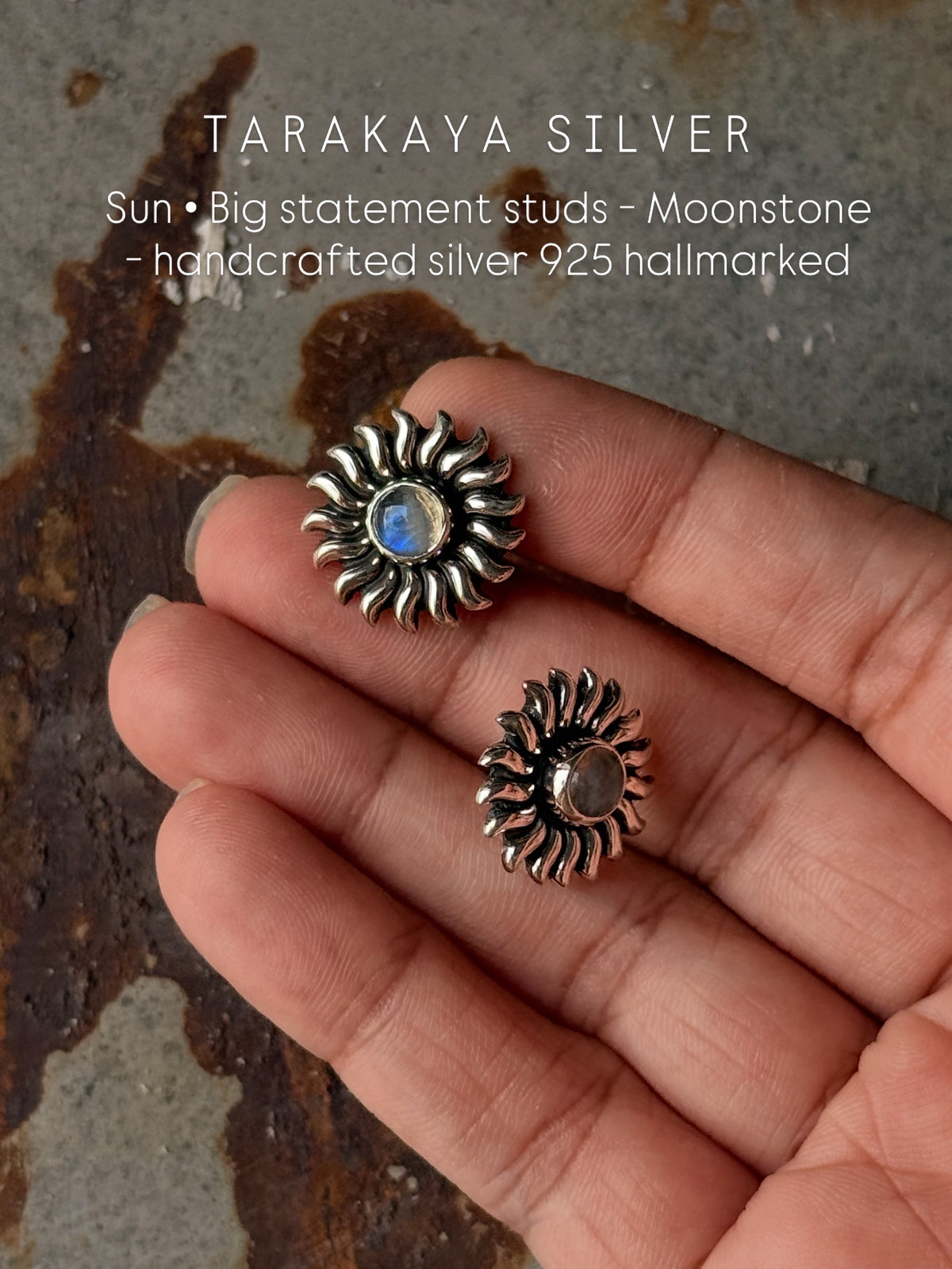 925 Sterling Silver Moonstone Big Sun Stud Earrings