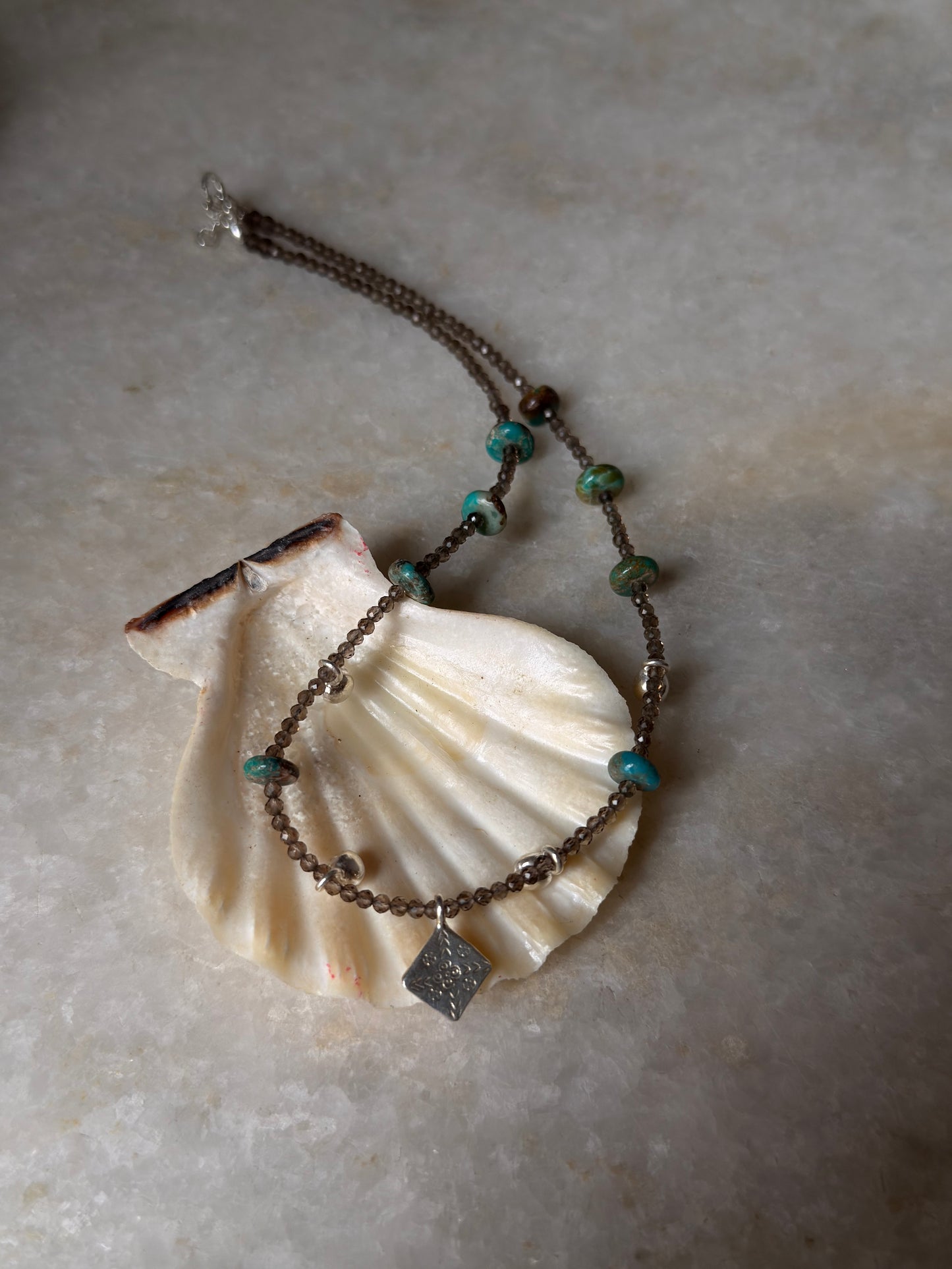 Smokey Quartz, Kingsman Turquoise & Tribal Engraved Charm - Ghungroo Charms  925 Sterling Silver Handcrafted Necklace