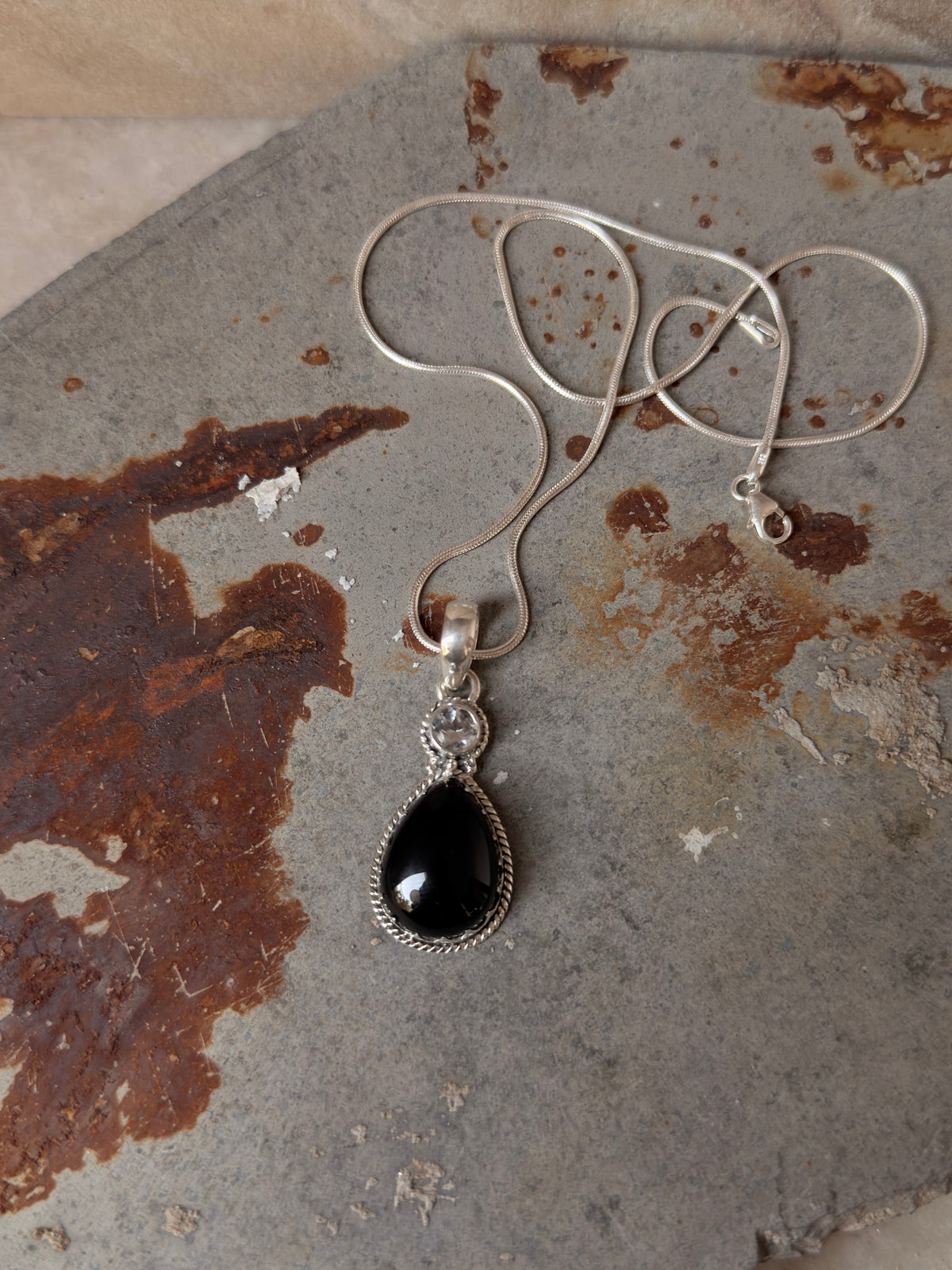 925 Sterling Silver Black Onyx Pear White Topaz Round Handcrafted One of a Kind Pendant