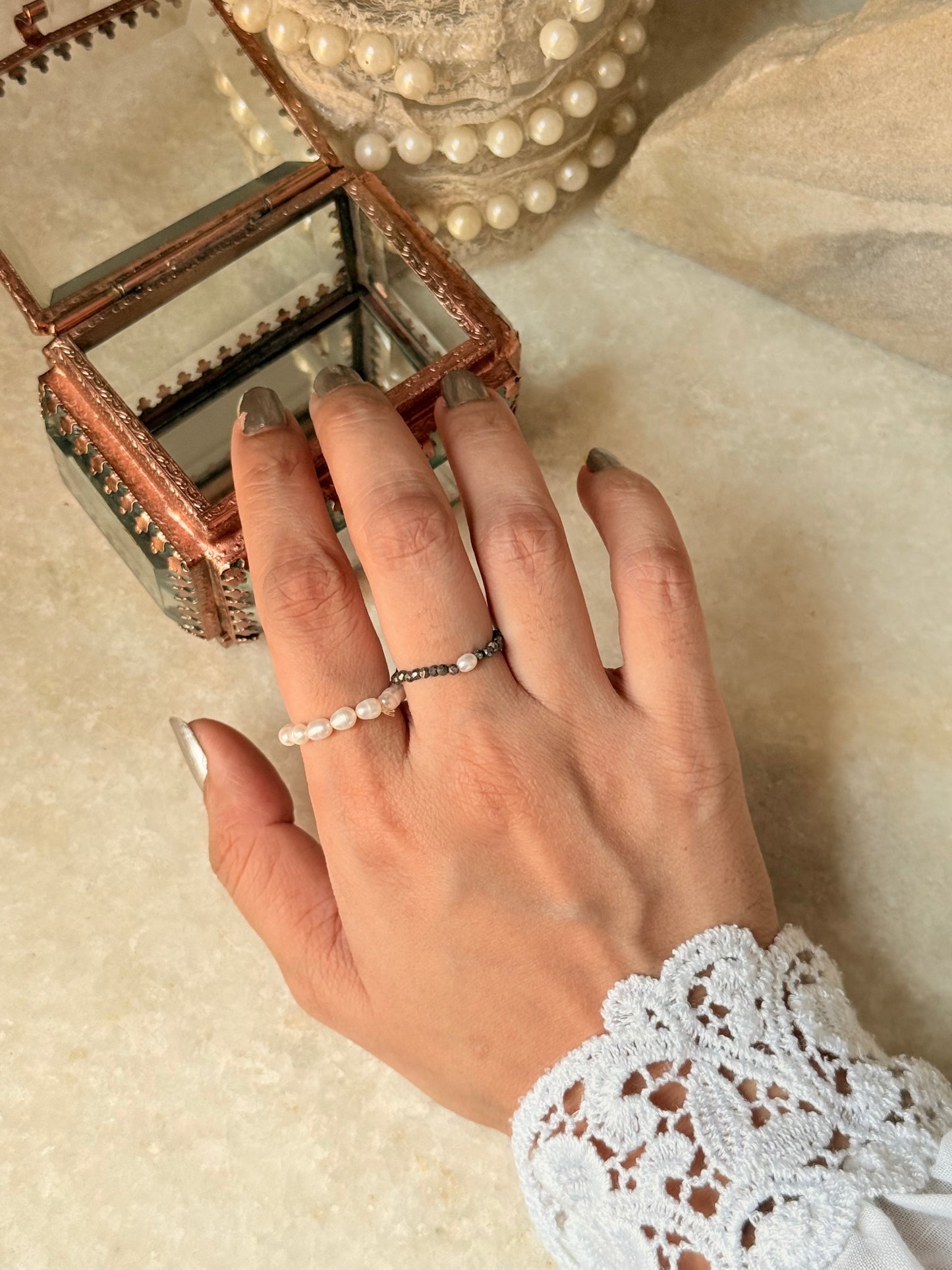 Natural Crystal Stretchy Fresh Water Pearl & Pyrite Pearl Rings