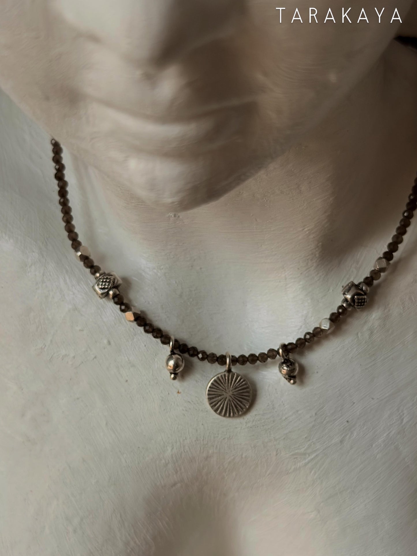 925 Sterling Silver Smokey Quartz 2mm & Hill Tribe Coin Charm & Silver Beads Handcrafted Necklace