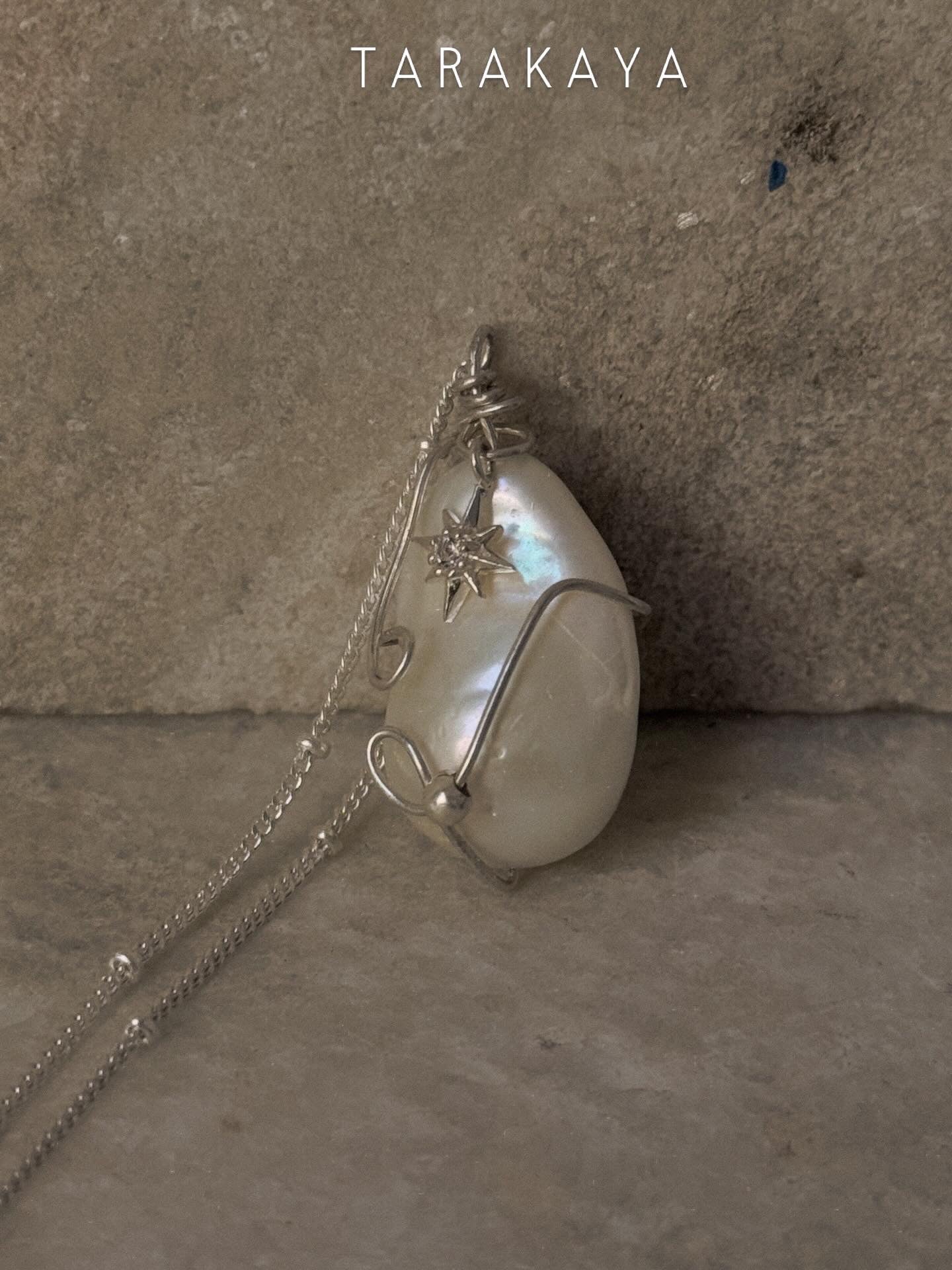 925 Sterling Silver One Of a Kind Baroque Pearl -White Topaz North Star Charm - Cable Dot Chain Handcrafted Necklace