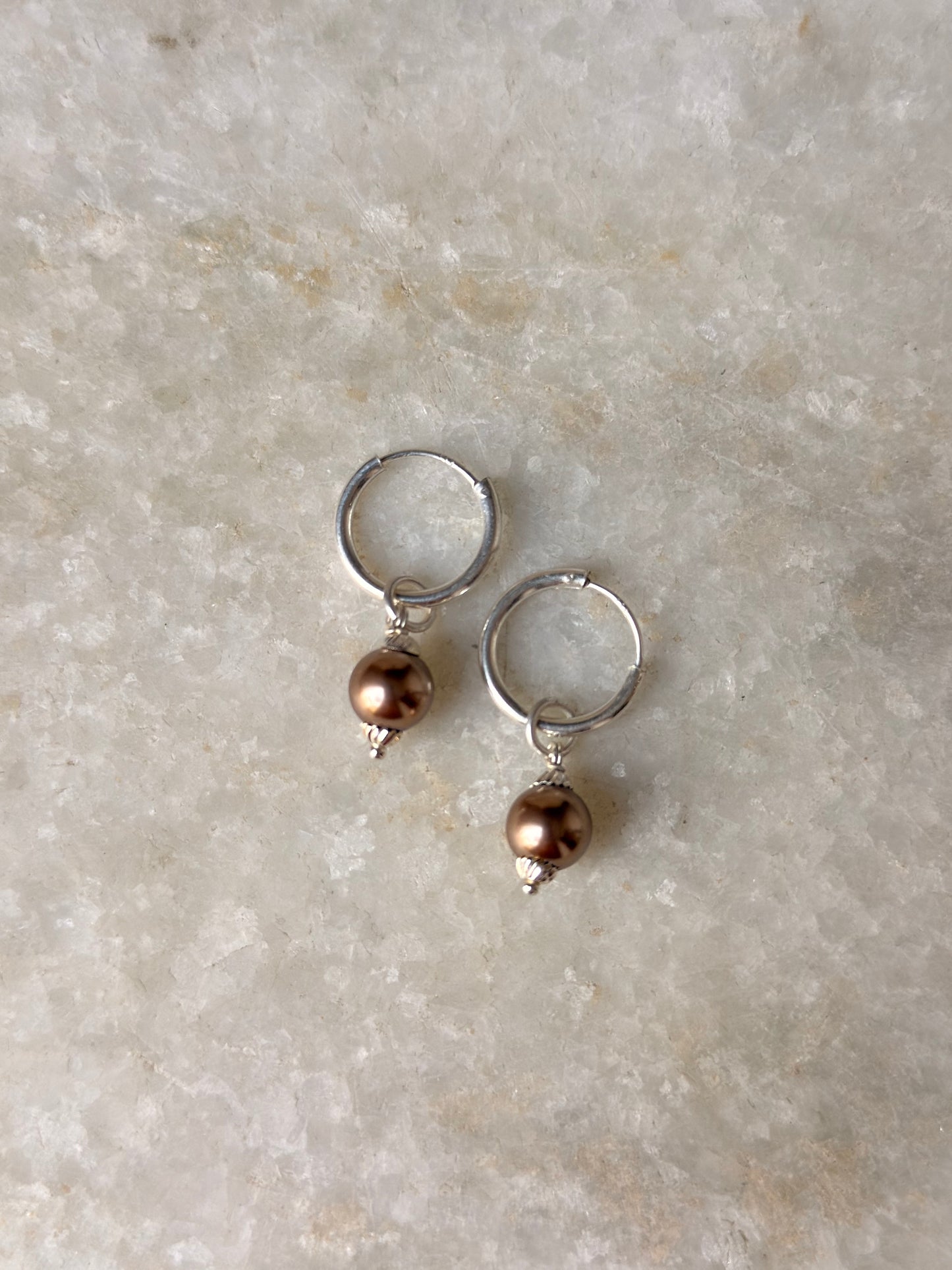 Brown Faux Pearl Charm 925 Sterling Silver Hoops