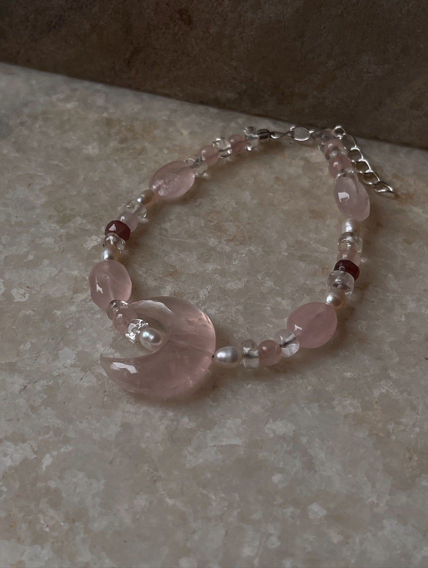 Moonlit Bloom ~Rose Quartz Crescent Moon, Clear Quartz & Pearl Crystal 925 Sterling Silver Bracelet