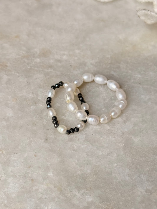 Natural Crystal Stretchy Fresh Water Pearl & Pyrite Pearl Rings