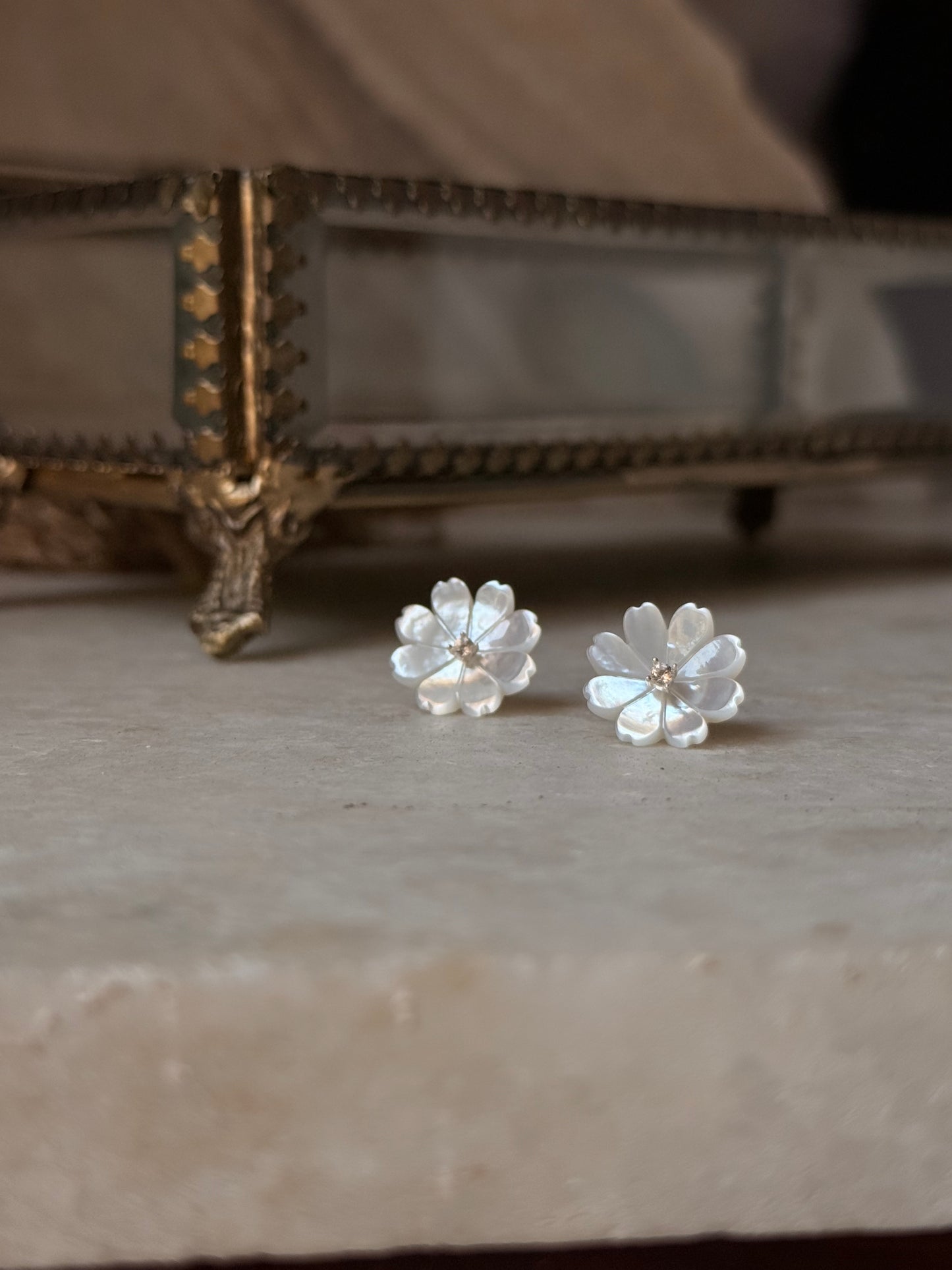 925 Sterling Silver Mother of Pearl Flower Craved - White Topaz Tiny Studs- 2 in 1