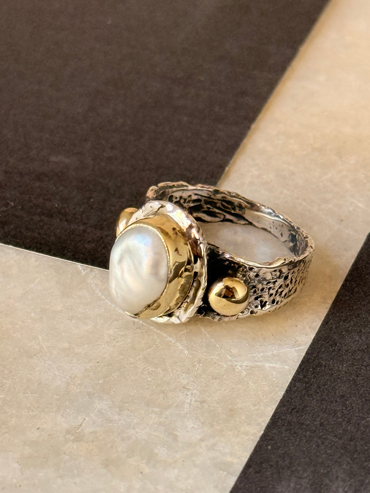 925 Sterling Silver Baroque Pearl Rustic Fusion Handcrafted Ring