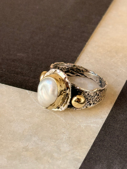 925 Sterling Silver Baroque Pearl Rustic Fusion Handcrafted Ring