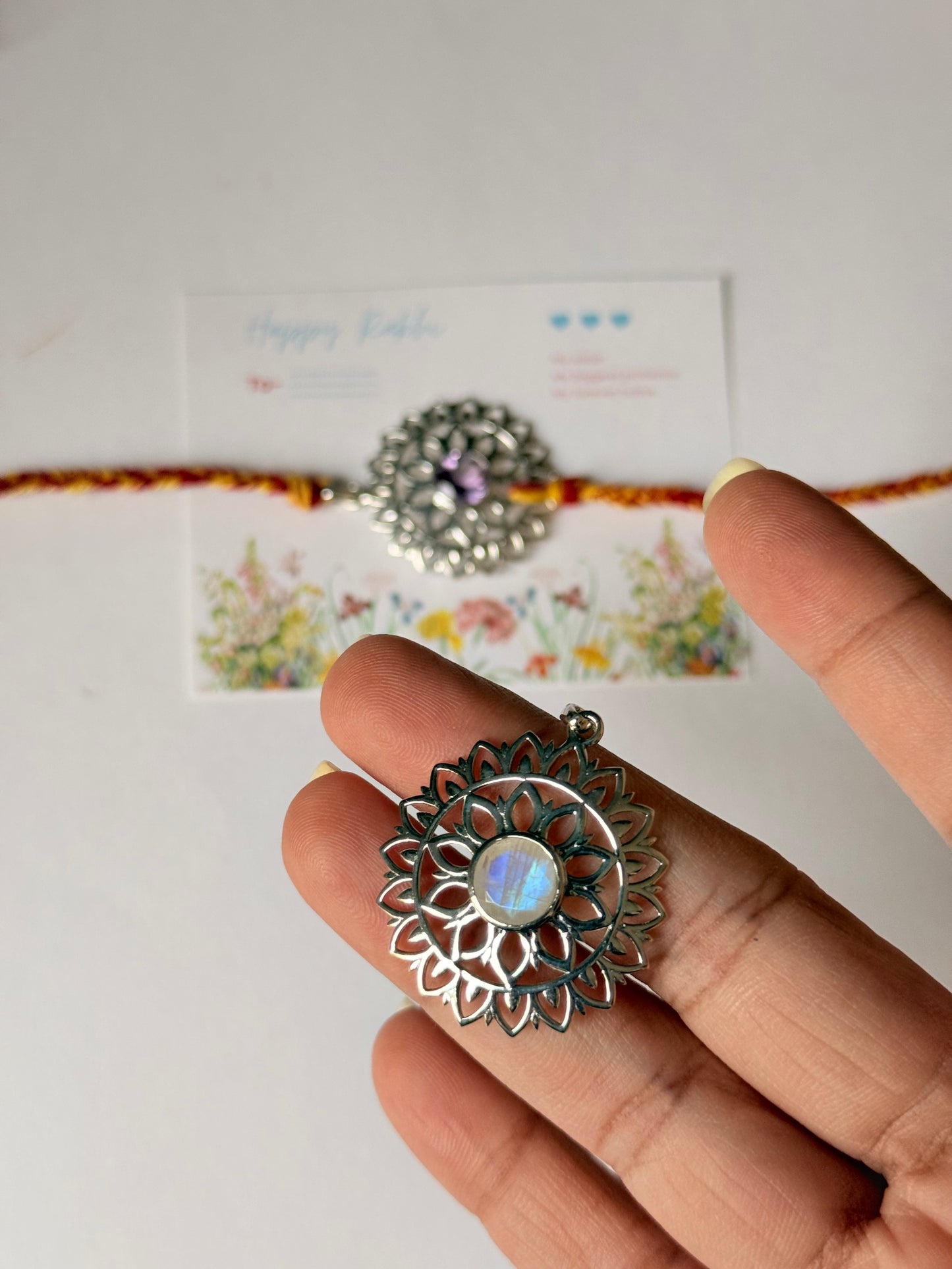 925 Sterling Silver Gemstone Mandala Rakhi - Reusable as Pendant Handcrafted Rakhi