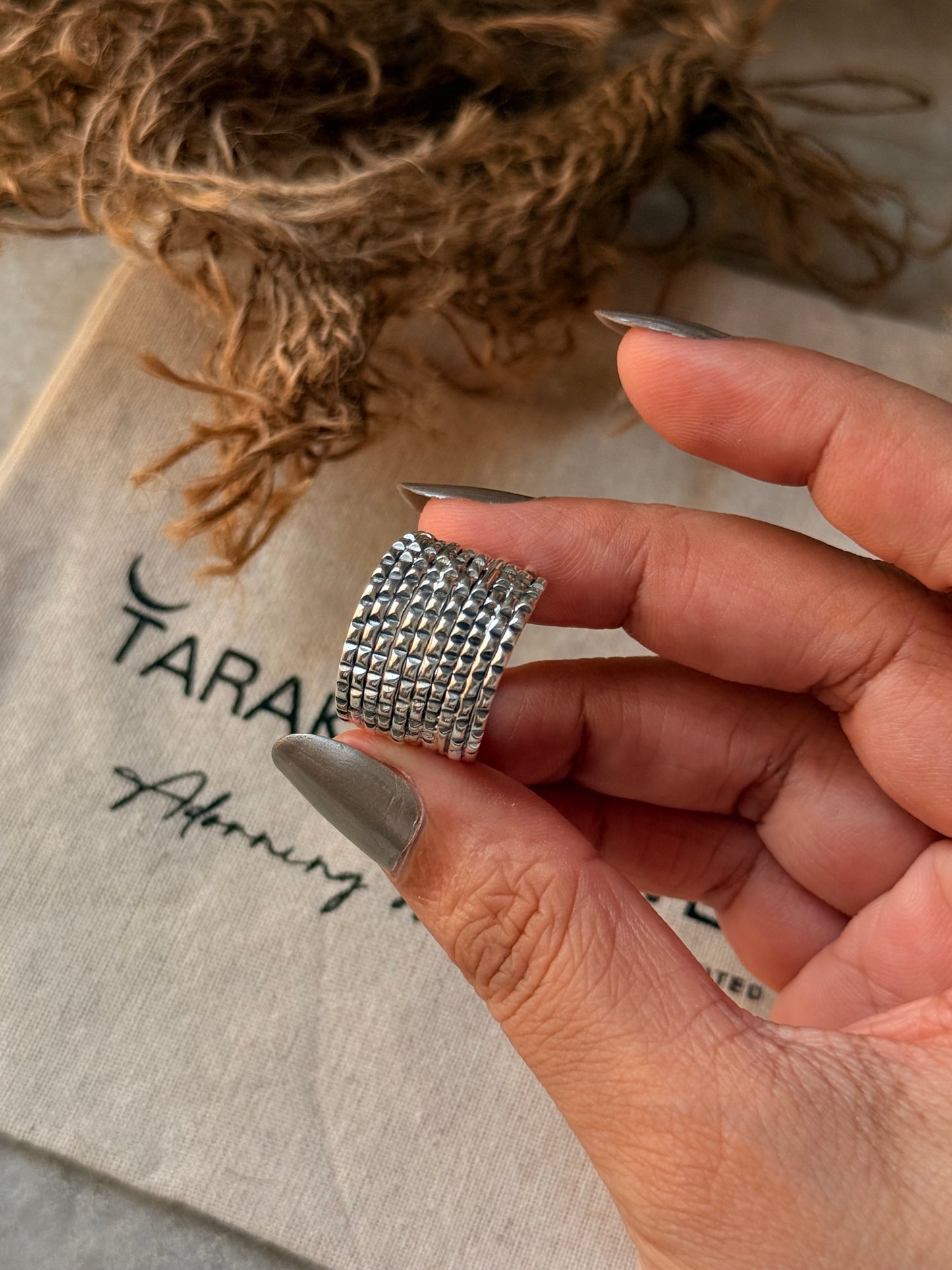 925 Sterling Silver Tribal Textured Fixed Wire Stack Band Ring