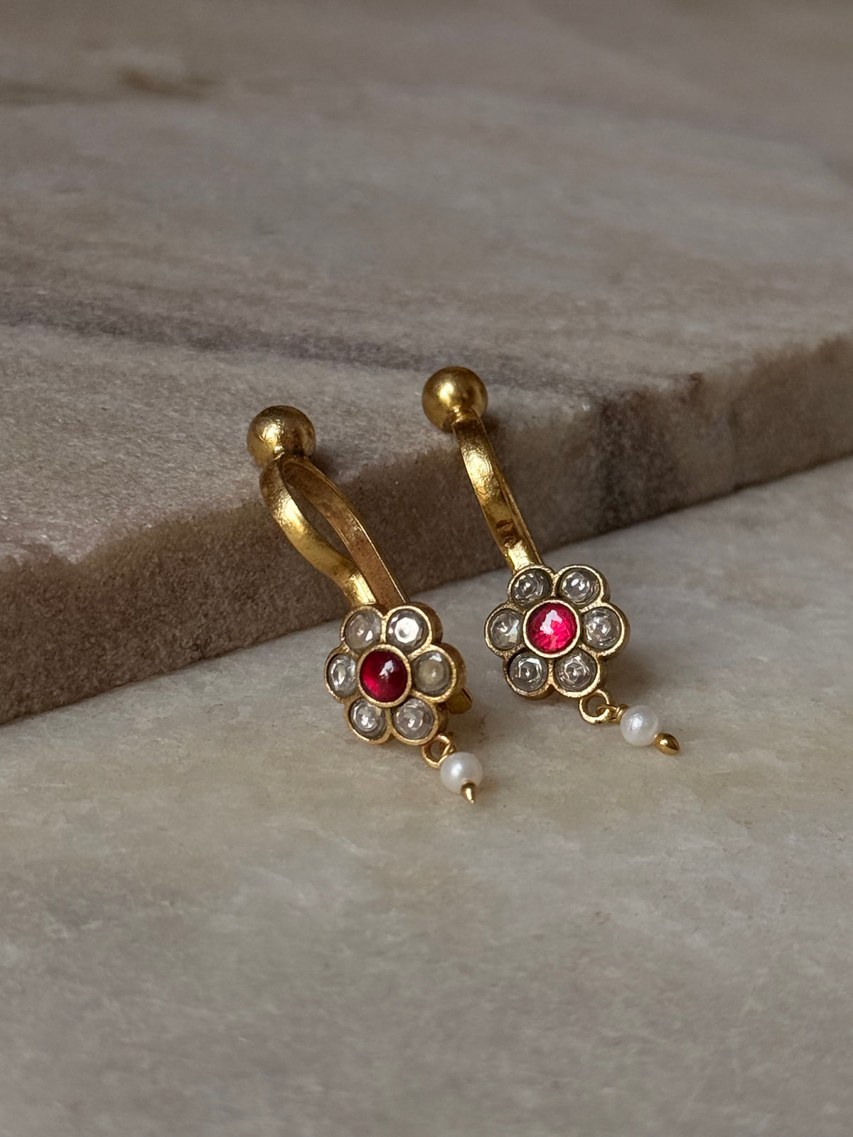 925 Sterling Silver Gold Plated Pink White Stone Kundan Polki & Fresh Water Pearls Charm Bugadi Ear Cuff