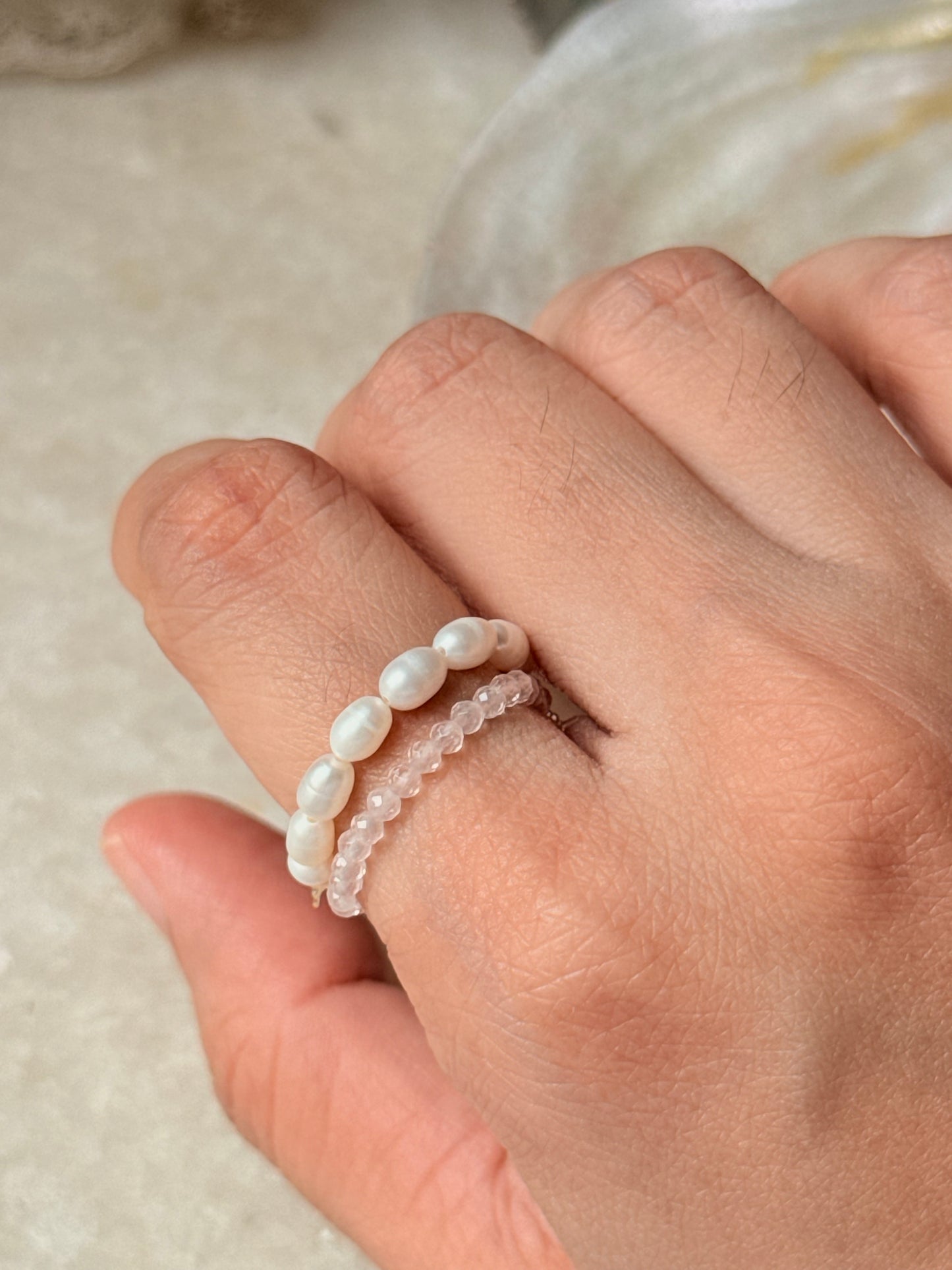 Natural Crystal Stretchy Light Shade Rose Quartz 2mm & Fresh Water Pearl Rings
