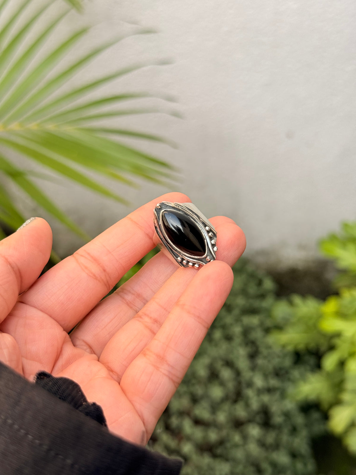 925 Sterling Silver Black Onyx Marquise Gothic Rustic Ring