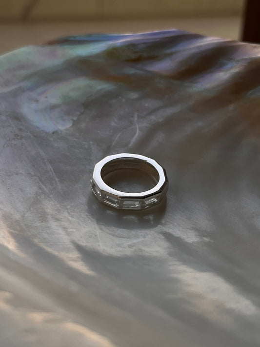 Detailed view of 925 sterling silver five baguette stone clear quartz ring