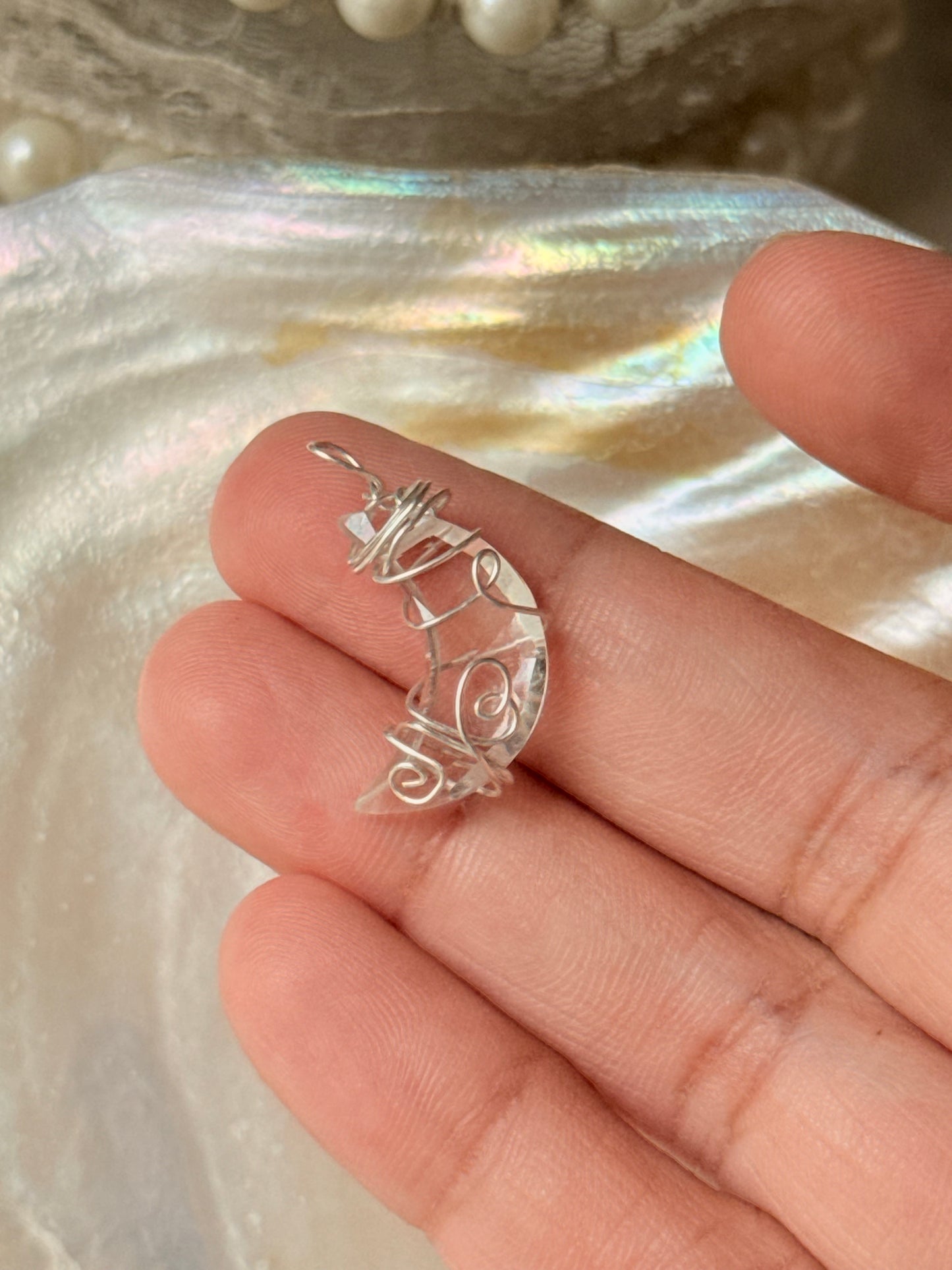 925 Sterling Silver Clear Quartz Moon Wire Wrapped Handcrafted Pendant