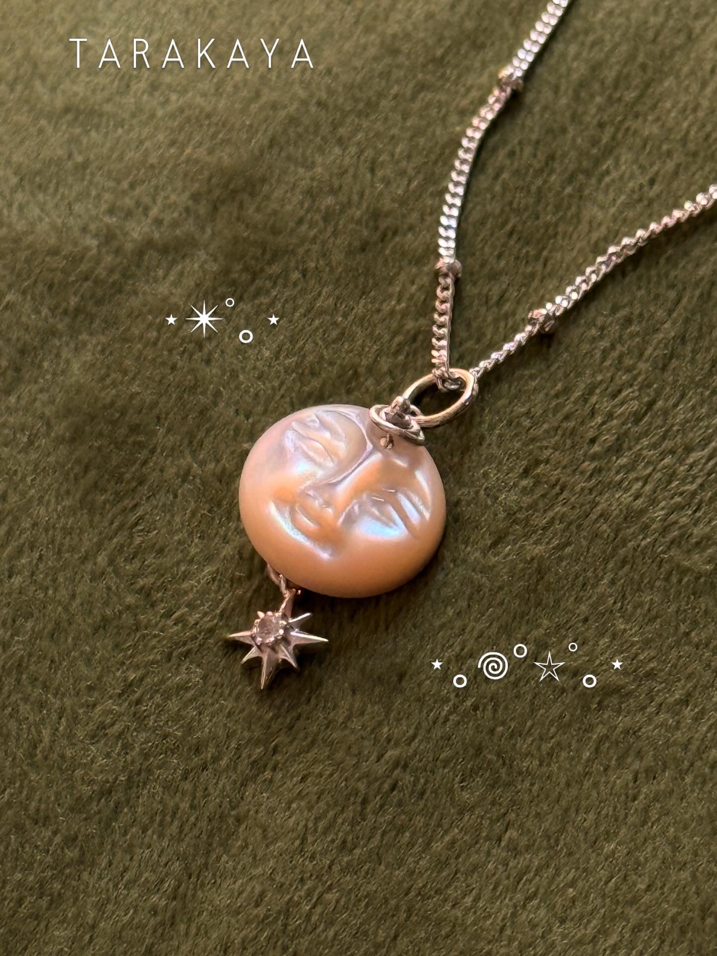 925 Sterling Silver Mother of Pearl Full Moon Face Carved White Topaz North Star Cable Dot Handcrafted Necklace
