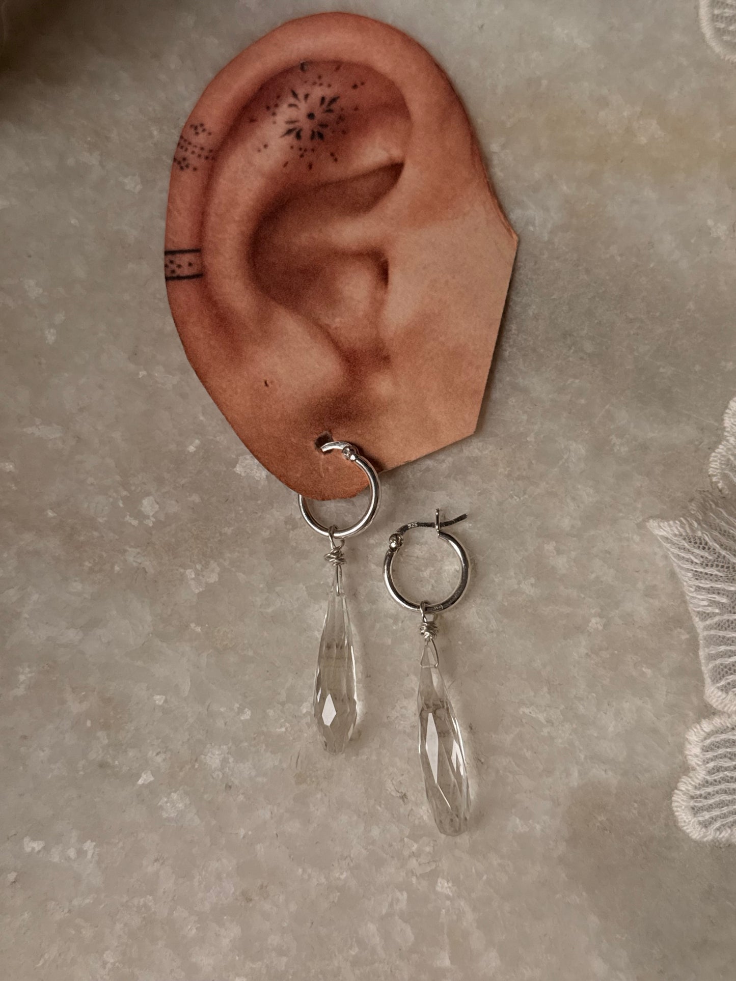 925 Sterling Silver Clear Quartz Drop Carved Charm Italian Hoops Handcrafted