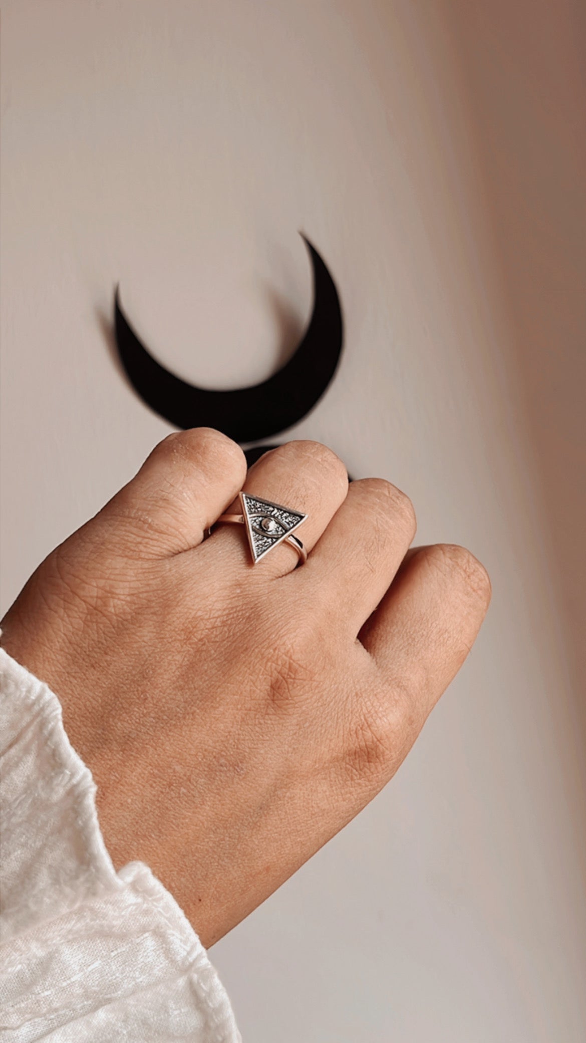 Close-up of Eye of Providence silver ring with detailed craftsmanship